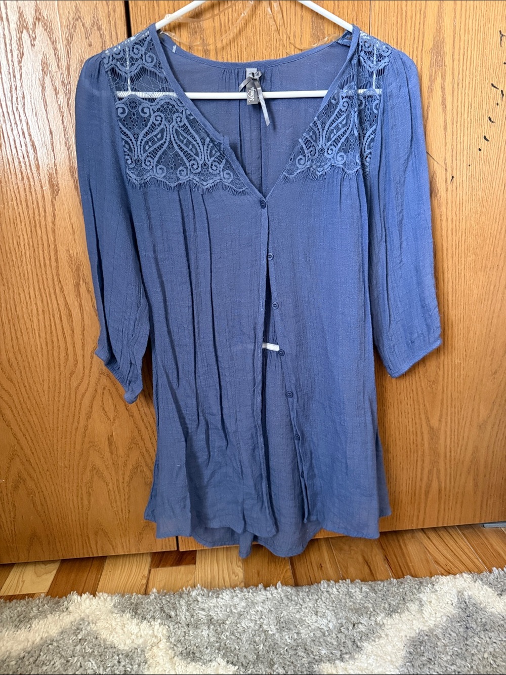 Vanity Blue Lace Yoke Button-Down Blouse